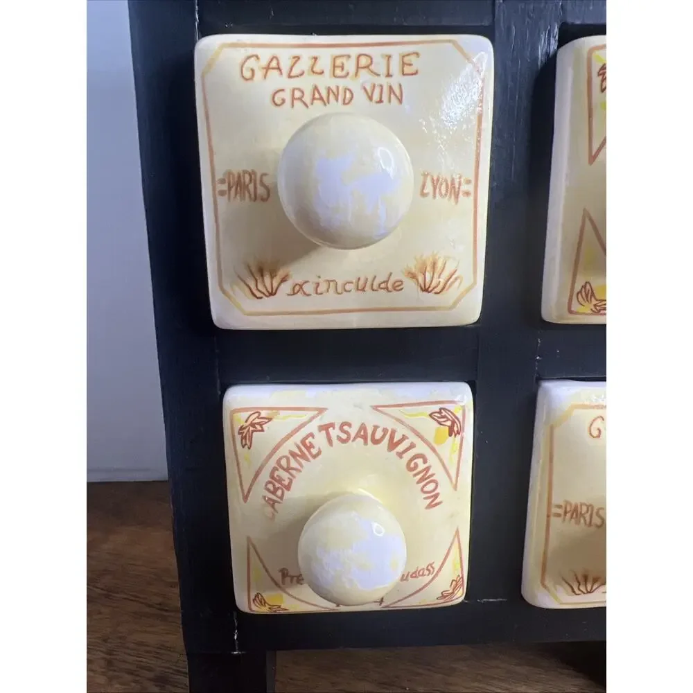 Vintage French Style Apothecary Spice Rack with 6 Porcelain Drawers and Wood Cab